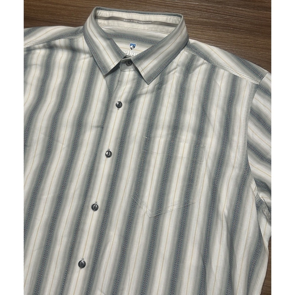 Kuhl The Bohemian Button Up Short Sleeve Shirt Tan Striped Men's Sz L (7566)